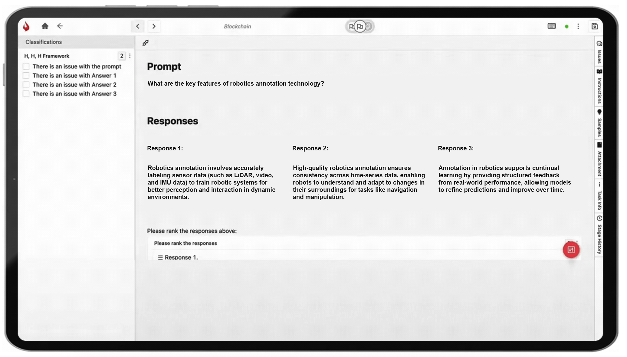 User ranks responses to a prompt about robotics annotation features in a GenAI feedback interface.