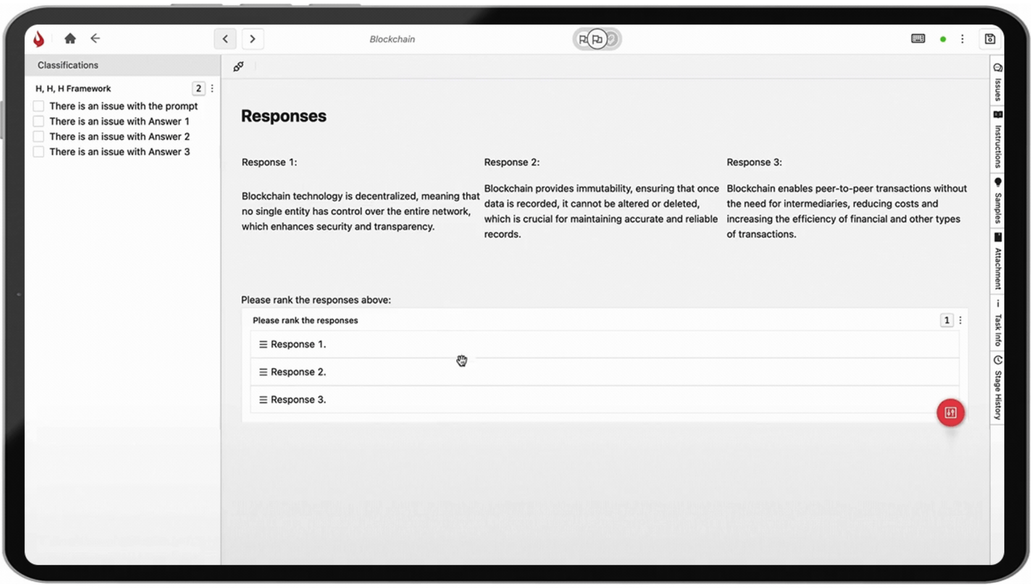 A user interface screen displaying three blockchain-related responses being ranked in order of preference.