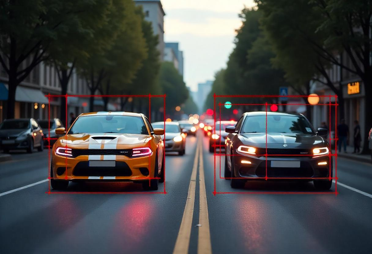 Cars on a city street annotated with object detection boxes.
