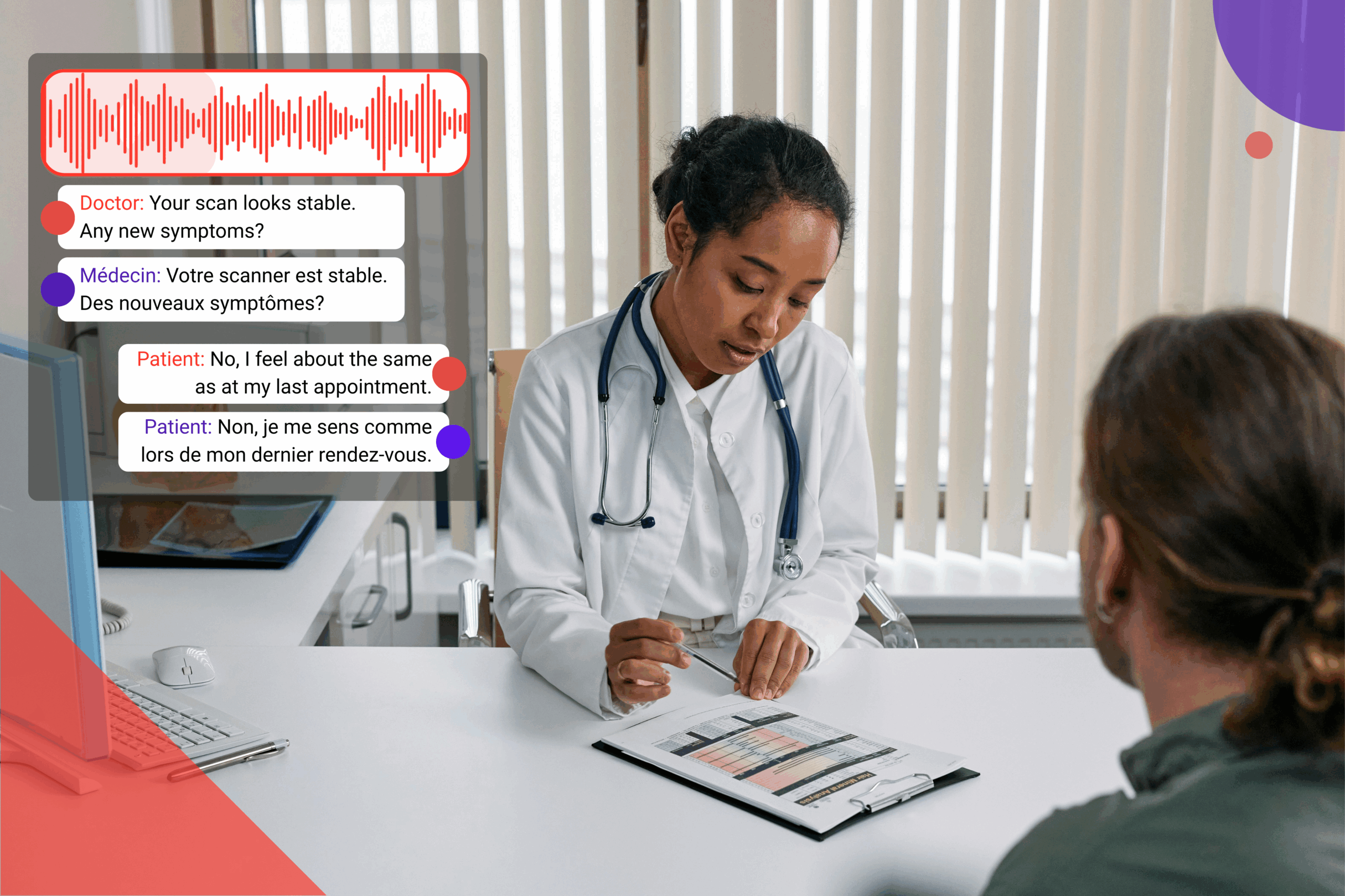 Doctor with patient; AI-generated multilingual transcripts show localized ambient scribe in use.