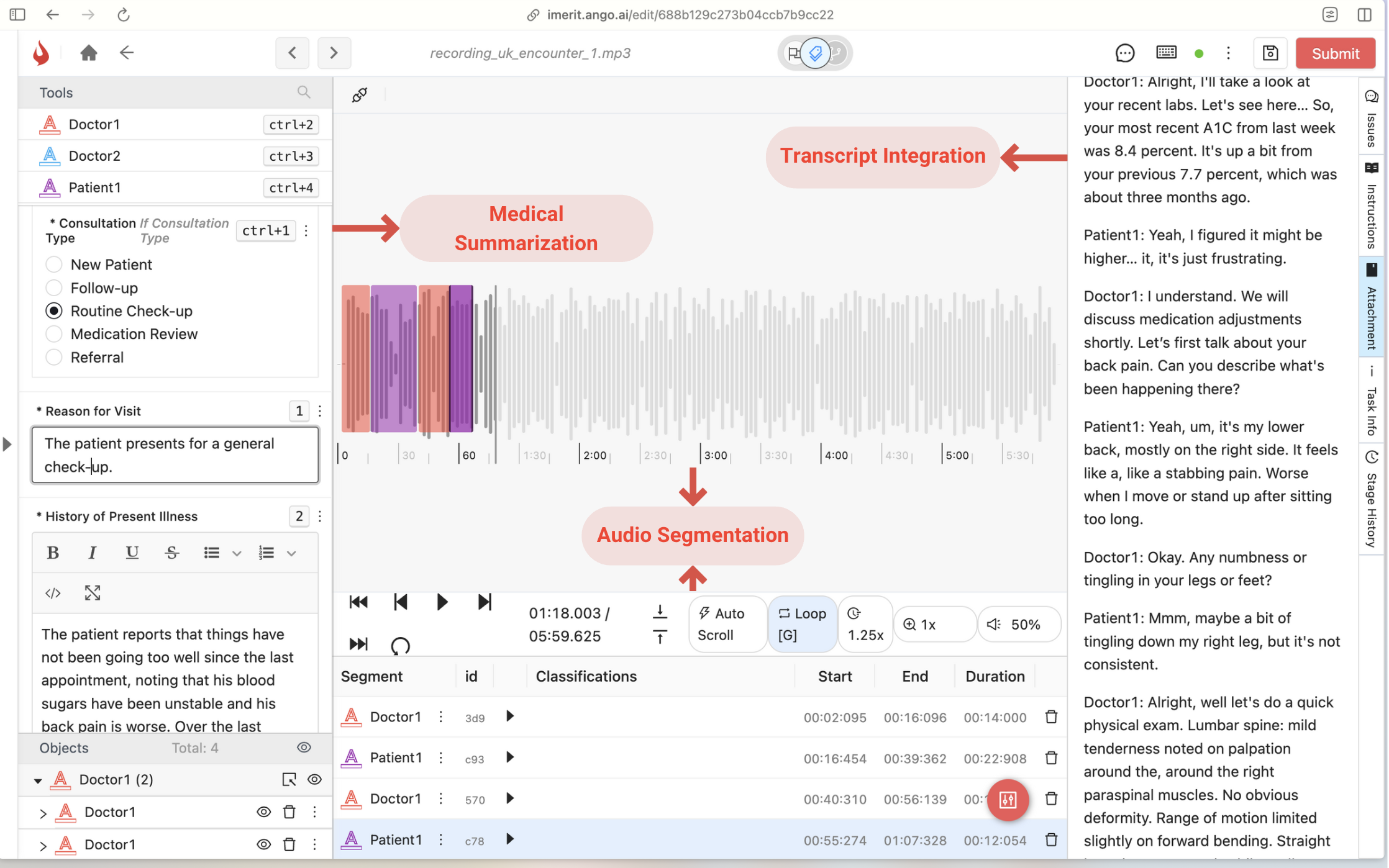 Medical summarization with transcript and audio segmentation