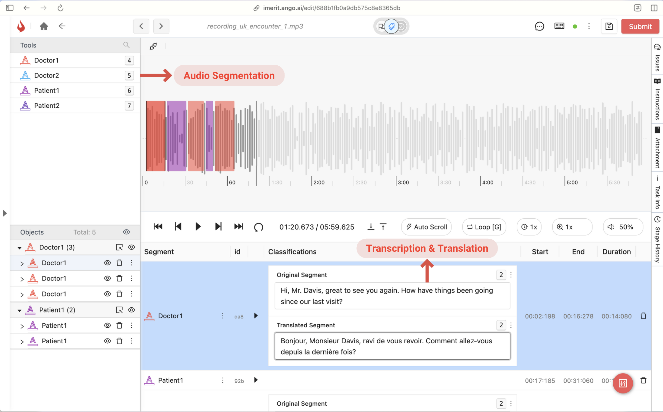 Audio segmentation with transcription and translation