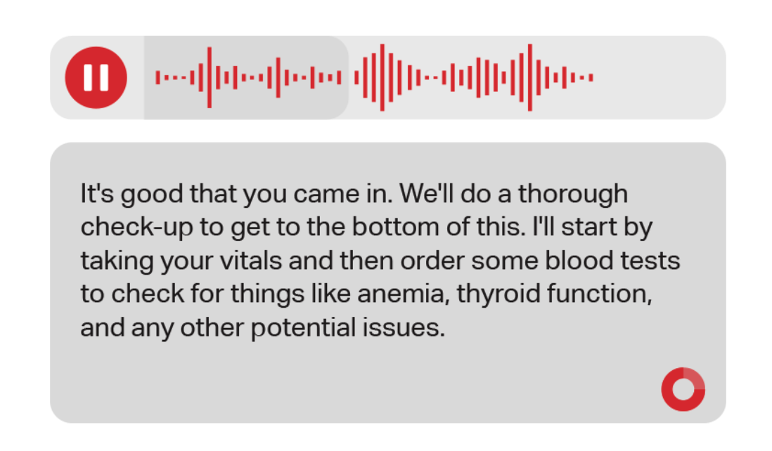 Voice recording interface with a real-time medical consultation transcript.