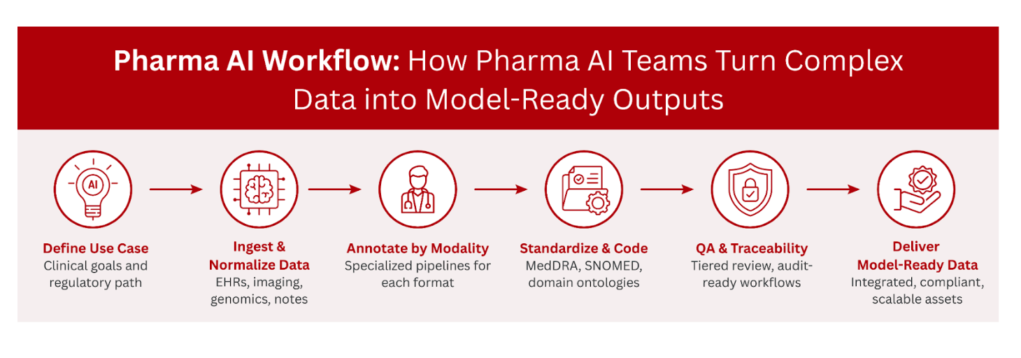 Pharma AI workflow: Six steps to turn complex healthcare data into compliant, model-ready outputs.