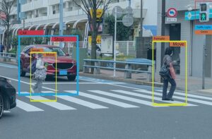 Street scene with bounding boxes for autonomous vehicle data