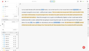 Text annotation highlighting adjectives and sentences in a review