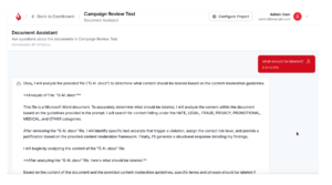 AI-powered content moderation tool reviewing a document to identify and label sensitive or high-risk content