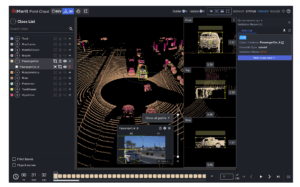 A LiDAR point cloud annotation interface showing labeled cars and validation details