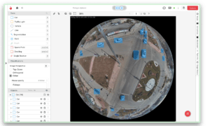 Fisheye camera view of an intersection with cars annotated using the Ango Hub platform for autonomous vehicle perception