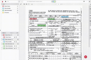 Health insurance claim form being annotated with patient and policy details using a labeling tool interface