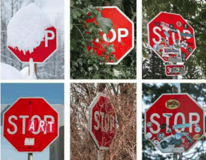 Obstructed stop signs illustrating edge-case annotation.