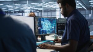 Neural network visuals on screen, representing AI benchmarks and human judgment in a modern office.
