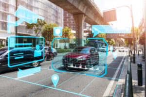 City street with vehicles and digital overlay for annotation validation