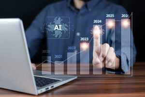 Businessperson pointing at the AI growth chart from 2020–2026.