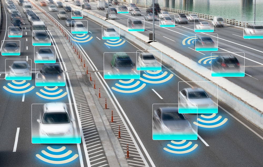 Autonomous Self Driving Cars Moving Through City