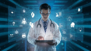 Doctor interacting with digital medical data visualizations