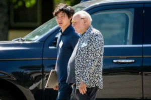 Alex Wang, co-founder of Scale AI, left, at Allen & Co.’s Sun Valley Conference in July. Scale AI raised money from Meta Inc. and Amazon.com Inc.