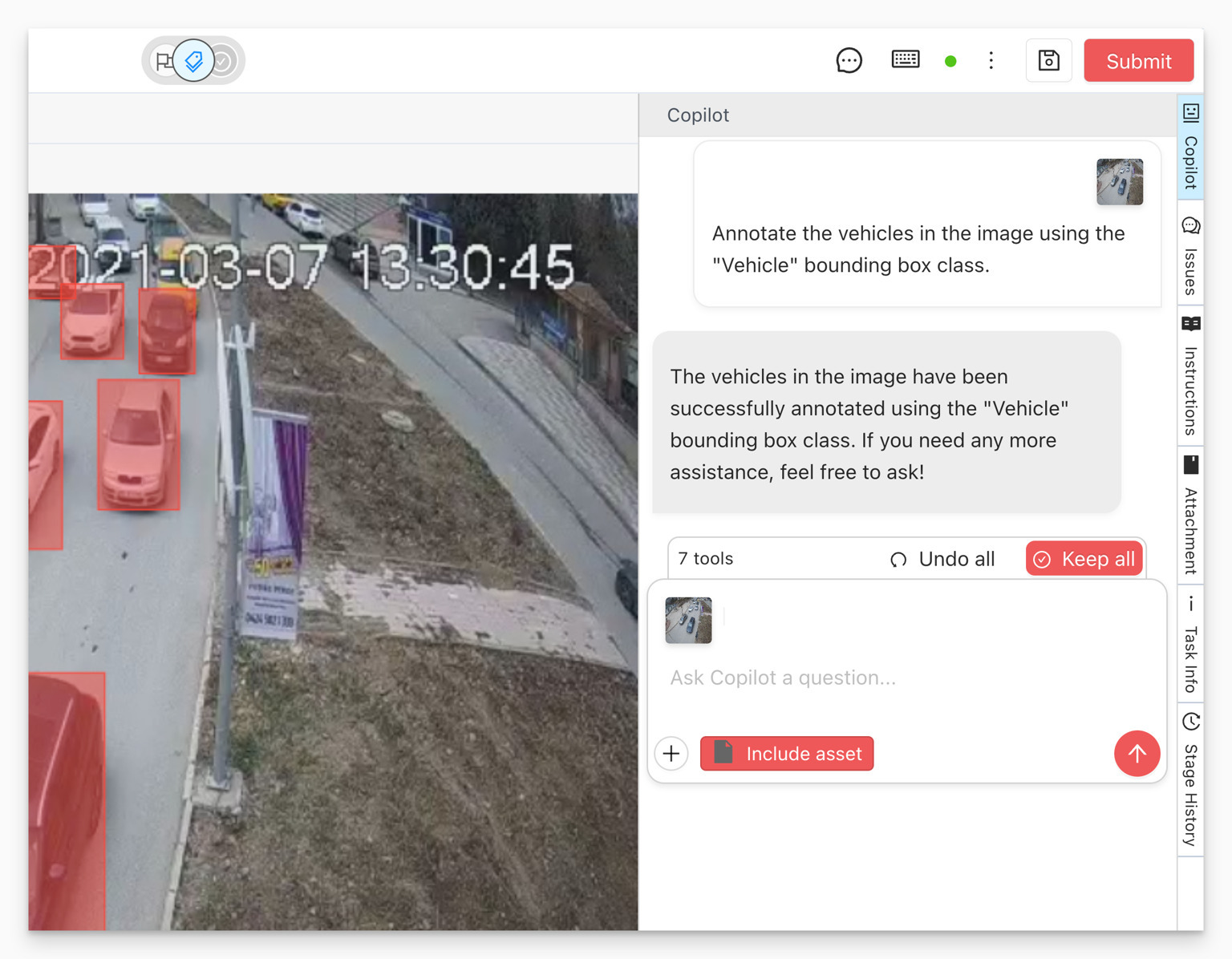 Copilot assistant inside an annotation task with options to include the active asset and upload additional images.