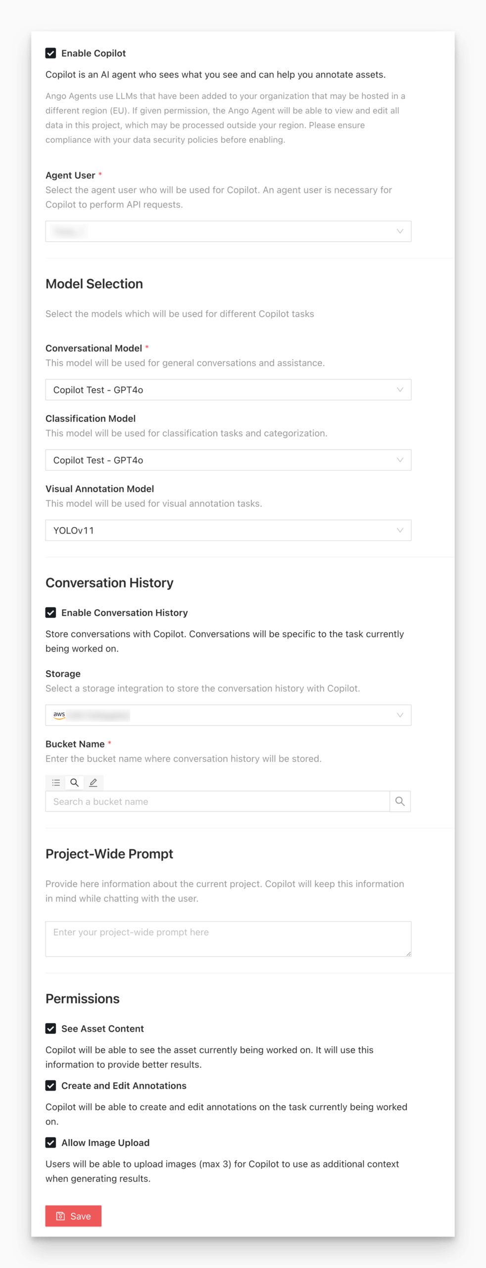 Full Copilot configuration screen including model selection, conversation history, prompts, and permissions.