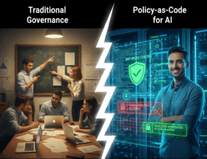 Policy-as-Code transforms chaotic paper-based AI governance into automated, real-time digital enforcement within the workflow.