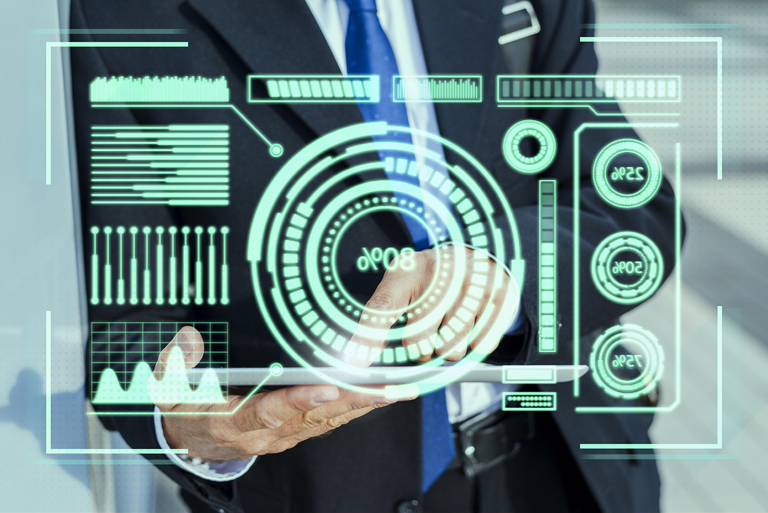 Executive reviewing AI data quality metrics on a digital interface.