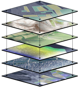 Layered HD map structure visualization, showing geometric features and semantic elements.