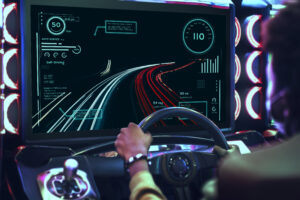 Illustration of a data-driven autonomous driving simulation that bridges the gap between real-world data and virtual testing.