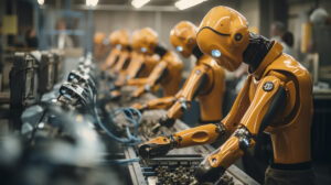 Robots working on an automated factory assembly line.