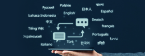 A network of speech bubbles in multiple languages, representing how localization services adapt AI models for global communication.