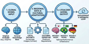 A step-by-step flowchart of model localization services, from a global knowledge base to model training for specific regions.