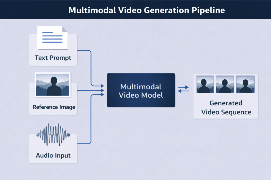 Flowchart of multimodal AI video generation using text, image, and audio inputs.