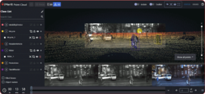 3D LiDAR 뷰와 2D 카메라 뷰를 동기화하여 작업하는 iMerit 포인트 클라우드 어노테이션 플랫폼 인터페이스이다.