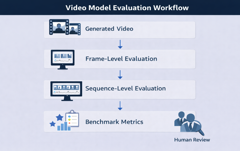 Flowchart showing sequence-level video model evaluation with human review.