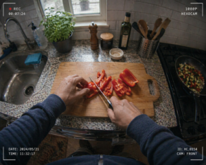 Egocentric video data collection POV of hands chopping vegetables, captured with a head-mounted camera and recording overlay