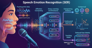 Speech Emotion Recognition (SER): A speaker's voice is analyzed via paralinguistic data and deep learning architectures to decode emotions and Speech-to-Intent (S2I).
