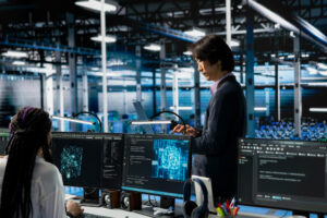 AI experts reviewing complex annotation and model outputs on multiple screens.