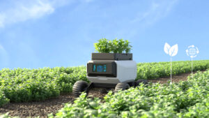 Autonomous agricultural robot navigating crop rows, using sensors and AI to monitor plant health and support precision weeding.