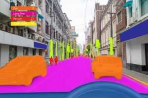 Multi-class semantic segmentation overlay identifying cars, lane lines, pedestrians, and traffic lights on a city street.