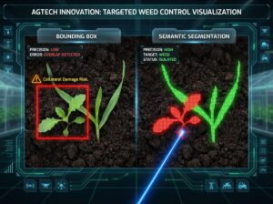 Bounding box vs semantic segmentation in agriculture, illustrating pixel-level weed targeting and reduced crop damage risk.