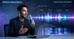 Speech analysis waveform showing pitch, intensity, and speech rate