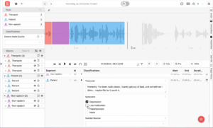 Behavioral health AI annotation of therapist-patient audio and symptoms