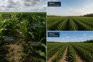 Split image of a crop field showing dense canopy with hidden weeds and soil variation on one side, and the same field under morning and midday lighting on the other, highlighting visual differences.