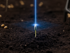 Laser precisely hitting the base of a weed seedling, illustrating accurate and targeted weed removal
