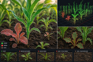Close-up of crops and weeds with segmentation masks, polygon outlines, and 3D point cloud overlays.