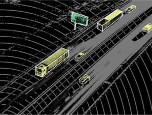 3D LiDAR point cloud segmentation identifying vehicles and infrastructure on a multi-lane highway.
