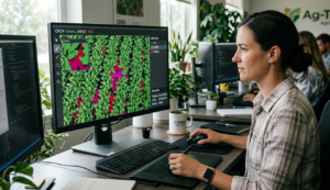 Human annotator reviewing pixel-level crop and weed segmentation in an agricultural AI workflow