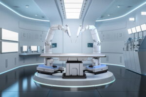 Dual-arm robotic surgical system in a modern, sterile operating room environment.