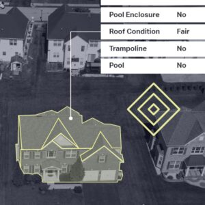 Geospatial segmentation of a residential building footprint with roof condition and amenity data overlays.